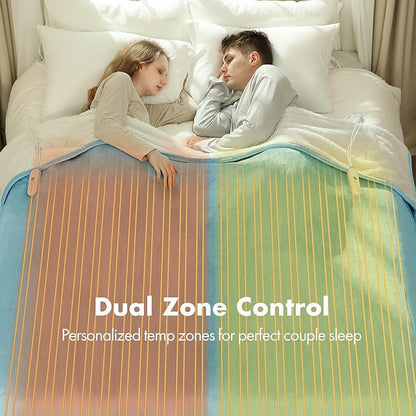 Queen Size Electric Blanket 84" x 90" - Flannel Sherpa Washable Heated Blanket with Dual Control, 5 Heating Levels & 10 Hours Auto Off, Heating Blanket with Overheat Protection for Home(Blue)