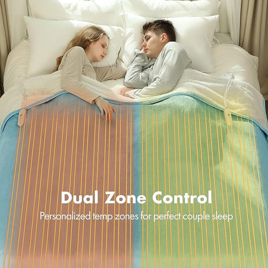 Queen Size Electric Blanket 84" x 90" - Flannel Sherpa Washable Heated Blanket with Dual Control, 5 Heating Levels & 10 Hours Auto Off, Heating Blanket with Overheat Protection for Home(Blue)