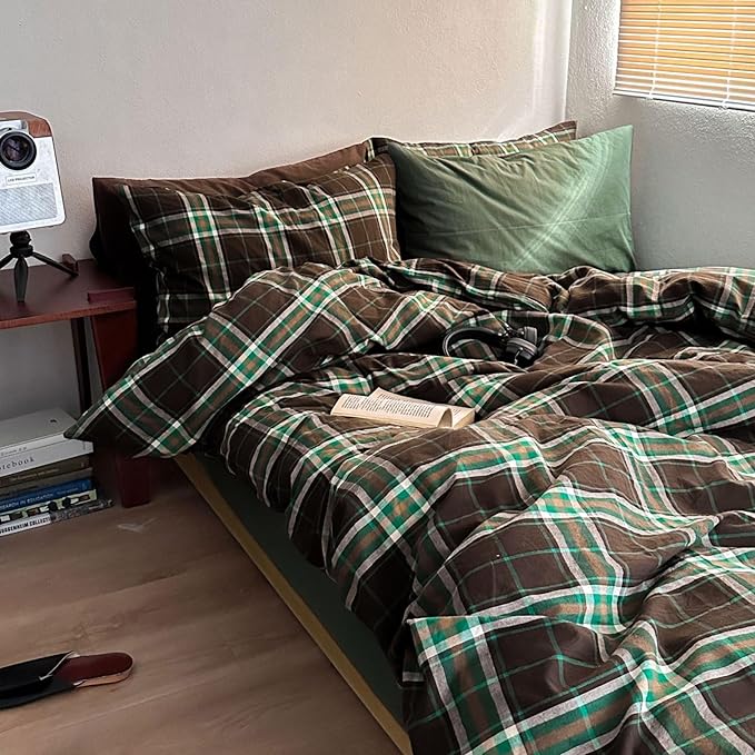 Brown & Green Buffalo Plaid Duvet Cover Set Twin 3 Piece Vintage Checkered Grid Bedding Set 100% Washed Cotton Plaid Comforter Cover Farmhouse Grid Pattern Breathable Duvet Cover with 2 Pillowcases