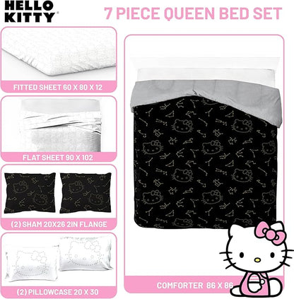 Jay Franco Hello Kitty Stars Queen Comforter Set - 7 Piece Bedding Includes Sheet Set & Pillow Covers - Super Soft Zodiac Black & Gold Bedding