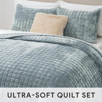 RECYCO Luxury Velvet Quilt Set Full Queen Size Bedding Sets, Ultra Soft Velvet Comforter Set, Lightweight Channel Box Stitch Oversized Bedspread Coverlet for All Season, with 2 Shams, Blue Linen