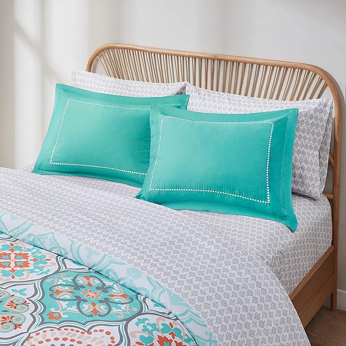 Degrees of Comfort Full Size Comforter Sets with Sheets Floral, Aqua Boho Complete Bedding Set for Teen Girls, Microfiber 8 Piece Bed in a Bag with Side Pockets, Matching Decorative Pillow