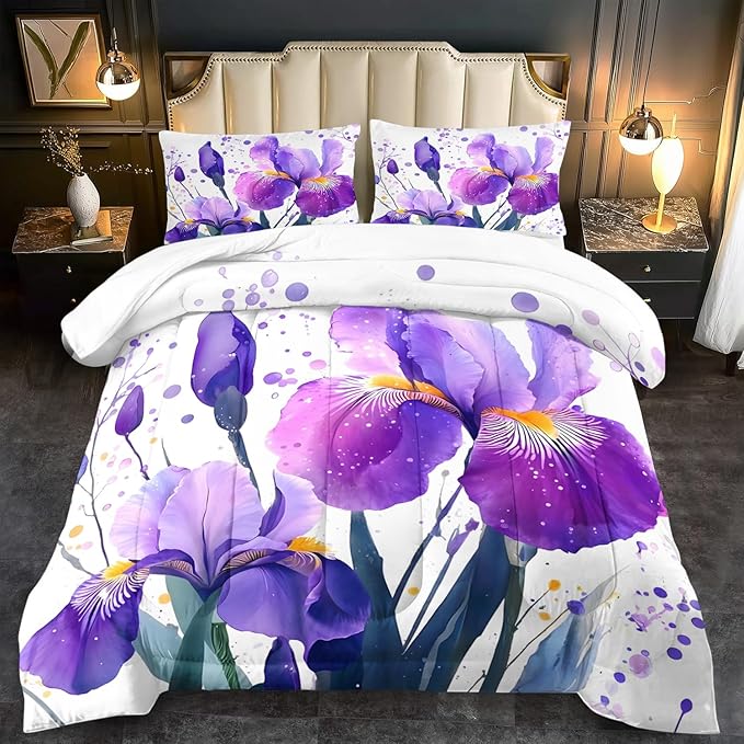 Purple Floral Comforter Set Full Size Woman,Purple Iris Comforter for Girls,Pink Flower Bedding Set Full Bedroom Decor,Floral Bedding Quilt Bed Decor Pink for Kids and Adults