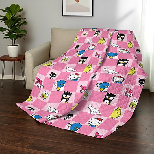 Northwest Hello Kitty & Friends Reversible Quilted Throw, Kawaii Checkered Pattern, Comfy Throw, for Anime Fans, Game Room, Chair or Couch, 60 x 80 Inches
