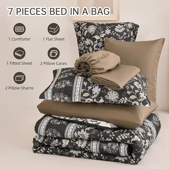 Dinjoy Comforter Set King Size Boho, Reversible Brown Gray Bedding Paisley Floral 7 Piece Bed in a Bag Soft Lightweight Bohemain Comforters with Sheet Sets for All Season
