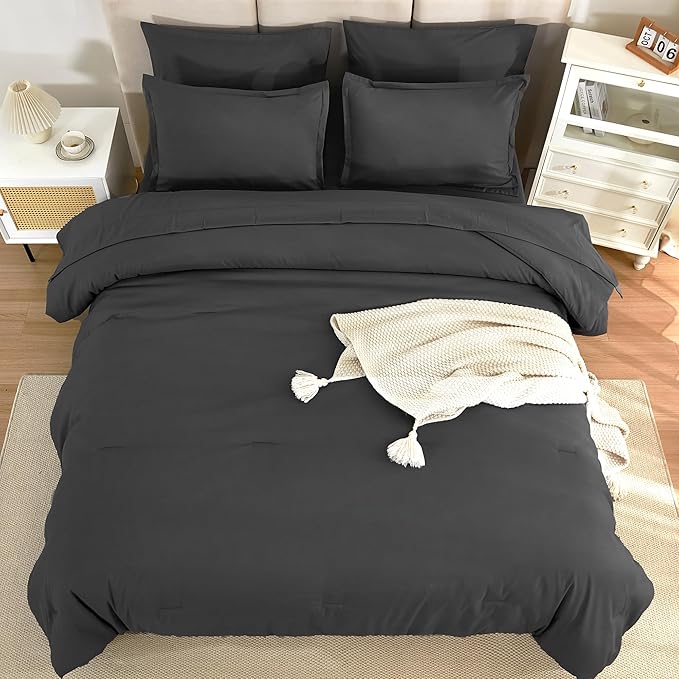 Litanika Oversized King Comforter Sets Dark Grey - 7 Pieces Bed in a Bag Oversized King Bedding Comforter Sets, Solid Lightweight Bed Set with Comforter, Sheets, Pillowcases & Shams
