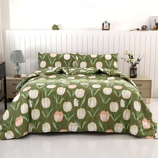 SDIII Rabbit and Green Floral Comforter Set Full 3 Pieces, Soft Microfiber Green Floral Comforter Full Size, Botanical Bedding Set All Season