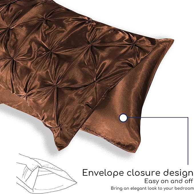 MR&HM Satin Comforter Full 7 Pieces - Luxurious Pinch Pleat Bedding Set with Comforter, Flat Sheet, Fitted Sheet, Pillowcases & Shams, Super Silky Soft Bed Set for All Season (Full, Brown)