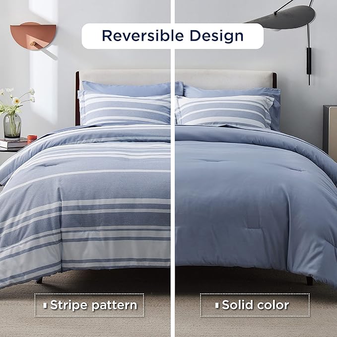 Bedsure King Comforter Set 7 Pieces, Blue Striped Bedding Set for All Seasons, Reversible, Cationic Dyeing Bed in a Bag with Comforter, Sheets, Pillowcases & Shams