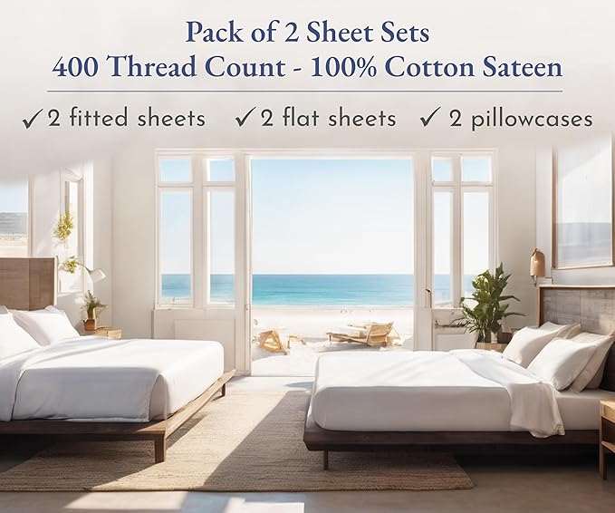 California Design Den 2-Pack Twin Cotton Sheets Sets - 400 Thread Count 100% Cotton Sateen - Soft and Breathable Sheets, 2 Sets of Deep Pocket Bed Sheets - Bright White