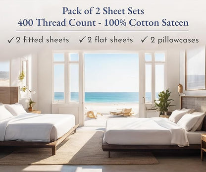 California Design Den 2-Pack Twin XL Sheet Set Cotton - 400 Thread Count 100% Cotton Sateen - Soft and Breathable Sheets, Twin XL Sheet Sets, 2 Sets of Deep Pocket Bed Sheets - Light Grey
