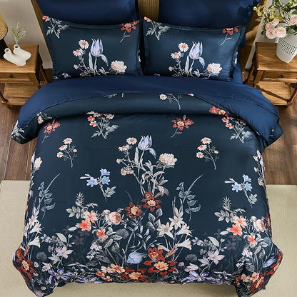 WONGS BEDDING King Comforter Set 7 Piece, Navy Blue Floral Bed in a Bag Bedding Set with Botanical Flowers Patterns, Soft Lightweight Complete Comforters with Sheets for All Season