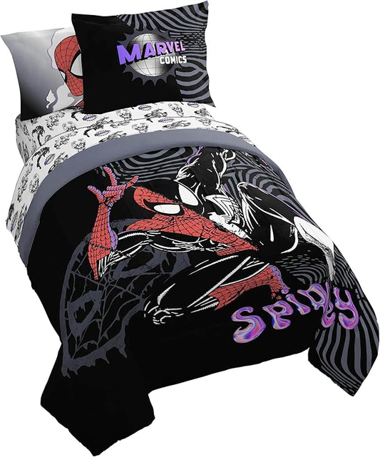 Jay Franco Kids Comforter Set Includes Sheets and Pillow Covers - Soft and Cozy Bed Set for Stylish Room Decor, Black - Marvel Comics, 7 Piece Full Size Bedding