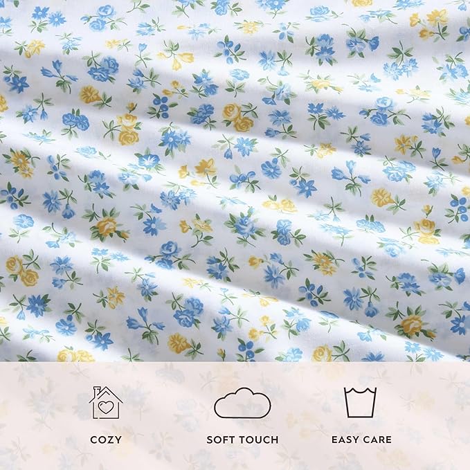 Laura Ashley - King Sheet Set, Crisp & Cool Cotton Percale Bedding for Year Round Comfort, Deep Pocket, Bed Sheets with Matching Pillowcases (Ditsy Doodle Blue)