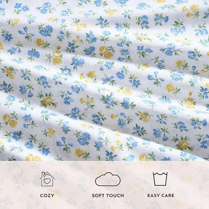 Laura Ashley - King Sheet Set, Crisp & Cool Cotton Percale Bedding for Year Round Comfort, Deep Pocket, Bed Sheets with Matching Pillowcases (Ditsy Doodle Blue)