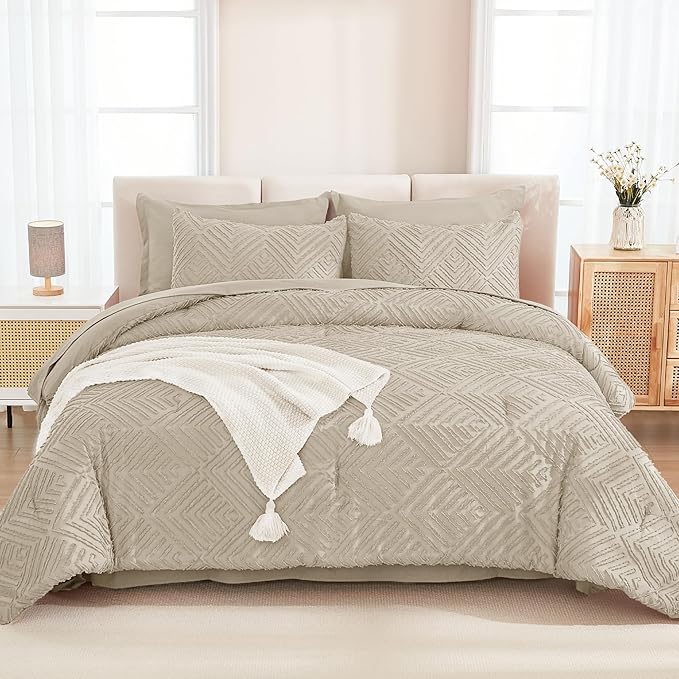 Andency Oatmeal Super King Size Comforter Set with Sheets - 7 Pieces Bed in a Bag Boho Tufted Bedding Sets Fluffy Lightweight Super King Bed Set with Comforter, Sheets, Pillowcases & Shams