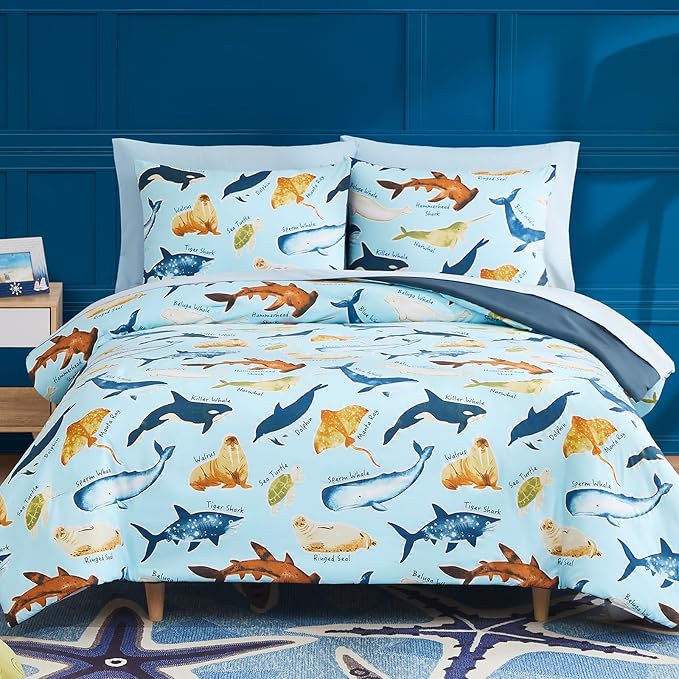 Full Size Comforter Set for Boys-7 Pieces Ocean Animals Glow in the Dark Full Bedding Sets for Kids, Ultra Soft Bed in A Bag with Sheets
