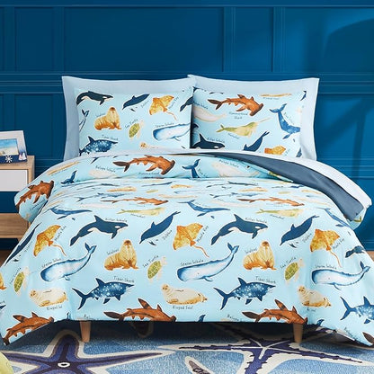 Full Size Comforter Set for Boys-7 Pieces Ocean Animals Glow in the Dark Full Bedding Sets for Kids, Ultra Soft Bed in A Bag with Sheets