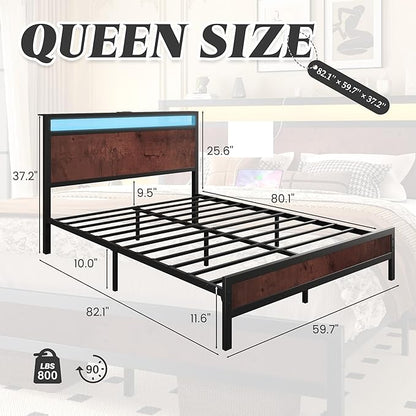 Fluest Queen Bed Frame with Headboard & Footboard, Bed Frame with Built-in Charging Station & LED Light, Storage Shelf, Noise-Free, No Box Spring Needed, Easy Assembly, Coffee Brown