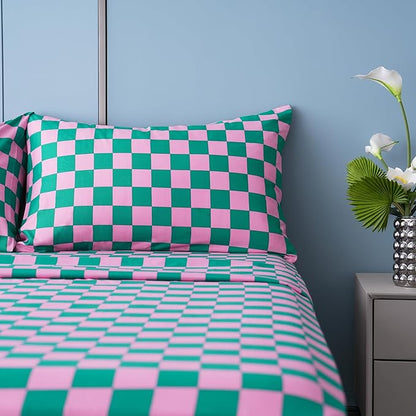 Best Season Bed Sheet Set 4 Piece -Full Size-Soft Durable Microfiber Bedding Sheet Set,Deep Pocket,Stain,Fade & Wrinkle Resistant (Plaid Pink&Green)
