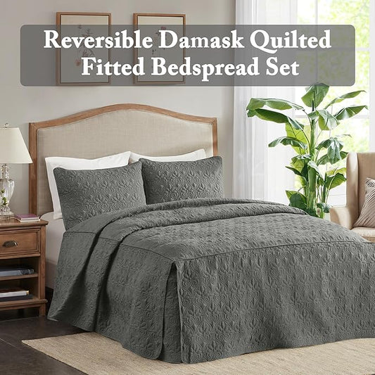 Madison Park Quebec Split Corner Quilted Bedspread Classic Traditional Design All Season, Lightweight, Bedding Set, Matching Shams, Queen (60" x 80" + 24"D), Damask Quilted Dark Grey 3 Piece