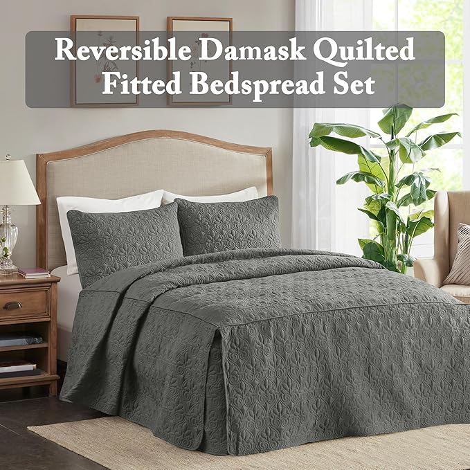 Madison Park Quebec Split Corner Quilted Bedspread Classic Traditional Design All Season, Lightweight, Bedding Set, Matching Shams, King, Damask Quilted Dark Grey 3 Piece