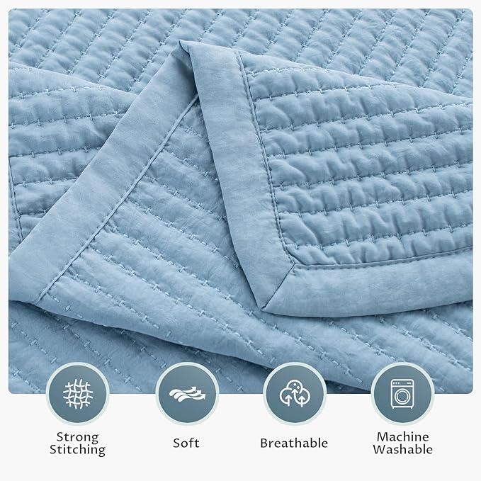 KASENTEX King XL Quilt Set 108"x98" – Soft Washed 3-Layer Lightweight Bedspread, Minimalist Nordic Design, All-Season Spring & Summer Quilt Set (1 Quilt + 2 Pillow Shams), Blue
