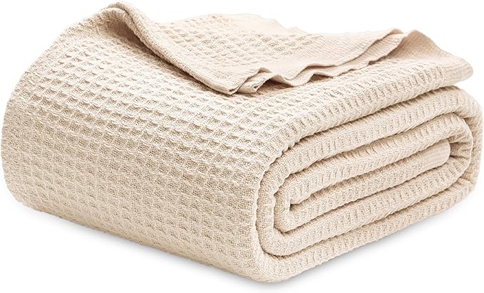 Bedsure Gentlesoft 100% Cotton Blanket Queen Size for Bed - Breathable and Soft for Spring Summer, Thick Cozy Waffle Weave Blanket Gifts for Women, Yellowish Cream, 90x90 Inches