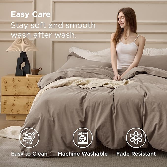 Bedsure 100% Washed Cotton Duvet Cover Cal King - Light Brown Minimalist Bedding Set Linen Like - PureWoven Plain Simple & Soft Comforter Cover for All Seasons (Light Brown, California King, 104"x98")