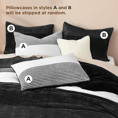 Litanika Fluffy Fleece King Size Comforter Set, Luxury Soft Plush Fuzzy Black & White Stripe Bedding Comforter Sets, Warm Shaggy Faux Fur Bed Set All Season (1 Comforter, 2 Pillowcases)