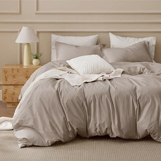 Bedsure 100% Washed Cotton Duvet Cover Queen Size - Tannish Linen Grey Minimalist Bedding Set 3-Piece - PureWoven Plain Simple & Soft Comforter Cover 3-Piece (Tannish Linen Grey, Queen, 90"x90")