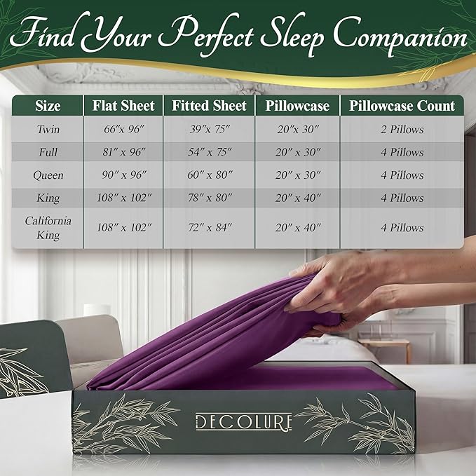 DECOLURE 100% Viscose Derived from Bamboo Sheets Queen Size - Luxury 6 Pc Naturally Cooling Sheets, Ultra Soft Bed Set - Deep 17" Pockets, Durable Double Stitching, Oeko Tex Standard (Purple)