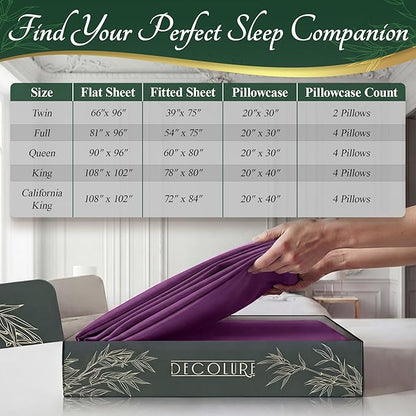 DECOLURE 100% Viscose Derived from Bamboo Sheets King Size - Luxury 6 Pc Naturally Cooling Sheets, Ultra Soft Bed Set - Deep 17" Pockets, Durable Double Stitching, Oeko Tex Standard (Purple)