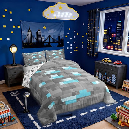 Pixelated Blocks Miners Kids Comforter Set Full Size,Video Games Game Gamepad Bedding Set,Boys Room Decor,Geometric Grid Patchwork Quilt Comforter,Gray Blue Duvet Set Bedroom Quilt Set,2 Pillowcases