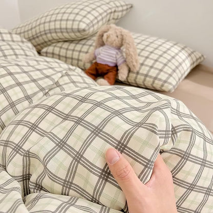 Vintage Grey Plaid Gingham Duvet Cover King 100% Cotton Muslin Duvet Cover Retro Grey Green Plaid Grid Checkered Comforter Cover with 2 Pillowcases Linen Like Gauze Breathable Gingham Bedding Set