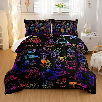 Cartoon Space Comforter Set for Kids Boys Girls,3 Pieces Outer Space Bedding King Size,Rocket Planet Spaceship Travel Toddler Bedding Set for Teen Boy Room Decor with 1 Comforter 2 Pillowcase