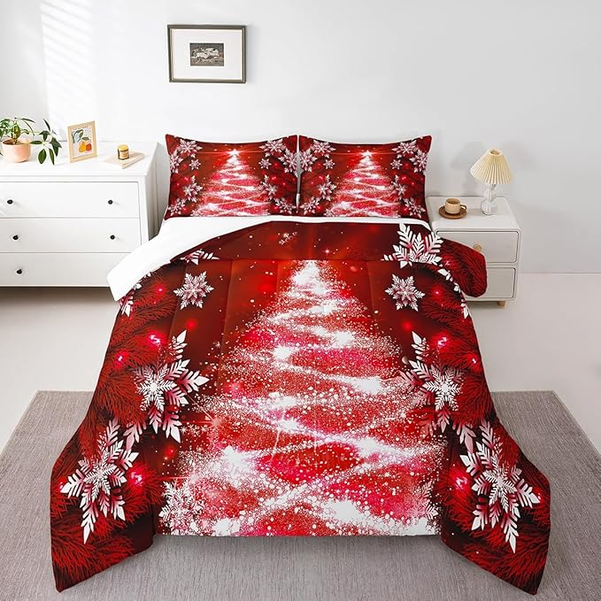 Feelyou Christmas Comforter Set King Size Red Christmas Tree Bedding Set Glitter Snowflake Comforter Microfiber Kids Adults Holiday Winter Duvet Quilt Xmas Room Decor