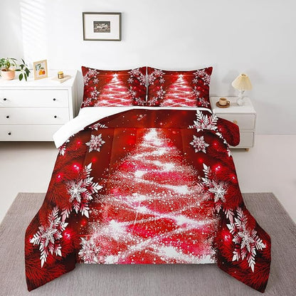 Feelyou Christmas Comforter Set King Size Red Christmas Tree Bedding Set Glitter Snowflake Comforter Microfiber Kids Adults Holiday Winter Duvet Quilt Xmas Room Decor