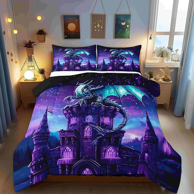 Dragon Wildlife 3 Pcs King Size Comforter Set,Mysterious Magical Theme Down Alternative Adults Bedroom Decor,Western Castle Ultra Soft Microfiber Inner Fill 3Pcs Bedding