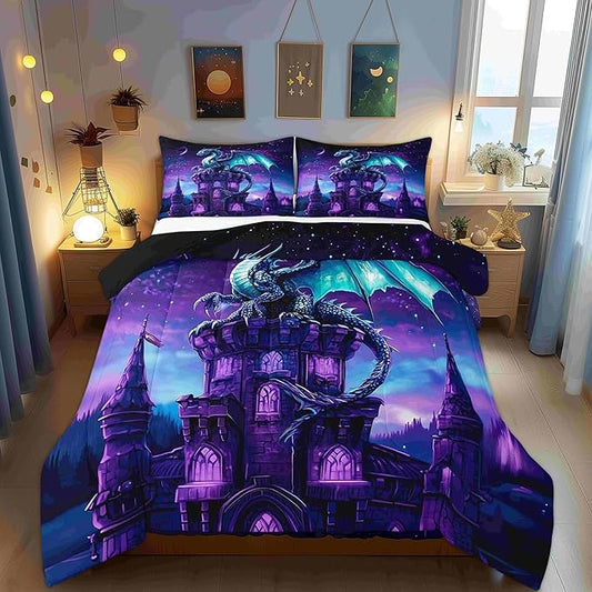 Dragon Wildlife 3 Pcs King Size Comforter Set,Mysterious Magical Theme Down Alternative Adults Bedroom Decor,Western Castle Ultra Soft Microfiber Inner Fill 3Pcs Bedding
