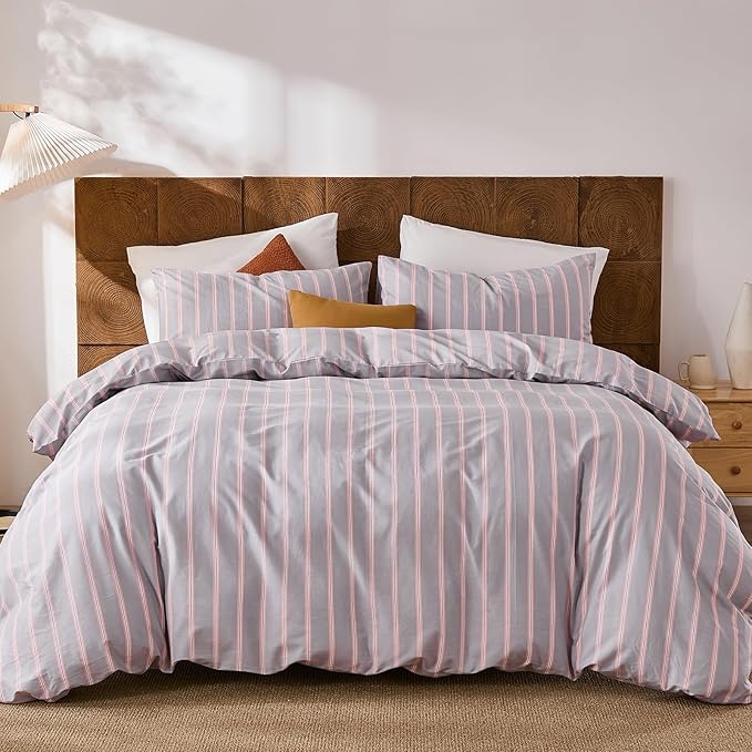 Merryword 100% Cotton Duvet Cover Set Queen Size - Gray and Pink Striped Bedding Set with Zipper & Corner Ties, 3-Piece Luxury Linen Like Bedding Set for All Seasons