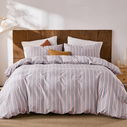 Merryword 100% Cotton Duvet Cover Set Queen Size - Gray and Pink Striped Bedding Set with Zipper & Corner Ties, 3-Piece Luxury Linen Like Bedding Set for All Seasons