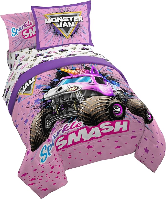 Jay Franco Kids Comforter Set Includes Sheets and Pillow Covers - Soft and Cozy Bed Set for Stylish Room Decor, Pink - Monster Jam, 7 Piece Full Bedding