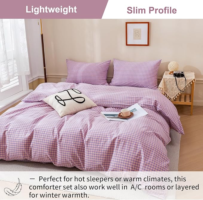 EAVD Purple Gingham Comforter Set King Soft Mini Checkered Plaid Bedding Set with 2 Pillowcases Modern Reversible Gingham Bedding Set for Boy Women Men Farmhouse Plaid Comforter Set for All-Season