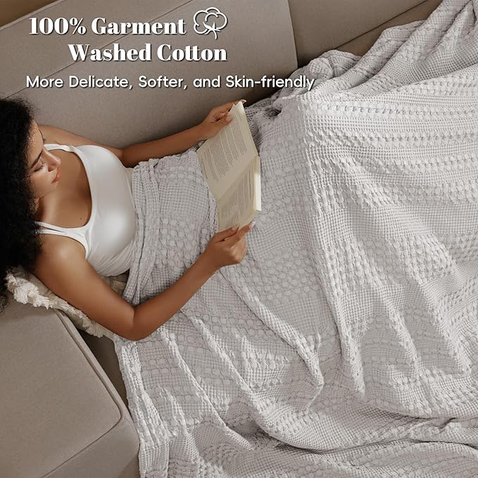 PHF 100% Cotton Waffle Weave Blanket King Size for Bed, Soft Lightweight & Breathable for Spring and Summer, All-Season Comfort, Luxury Aesthetic Blanket for Home Decor, 108"x90", Light Grey