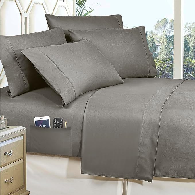 Elegant Comfort 8-Piece Pinch Pleated Comforter Set - All Season Complete Bed in a Bag, Includes 4pc Smart Sheet Set, Bed Skirt, Comforter, Matching Pillowcases and Shams, Full/Queen, Gray