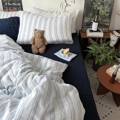 mixinni Vintage Blue & White Striped Duvet Cover Set - 3 Piece 100% Washed Cotton Twin Size Bedding | Minimalist Relaxed Style | Ultra Soft Breathable, with Zipper Closure & Corner Ties-Twin Size