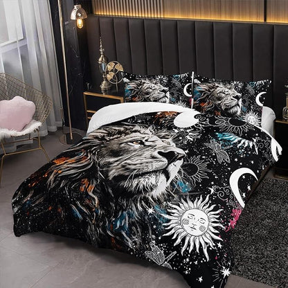 Galaxy Lion Comforter Set Queen Sun and Moon Bedding Sets 3PCS for Kids Teen Adult Room Decor Ultra-Soft Lightweight Microfiber 1 Comforter with 2 Pillowcases