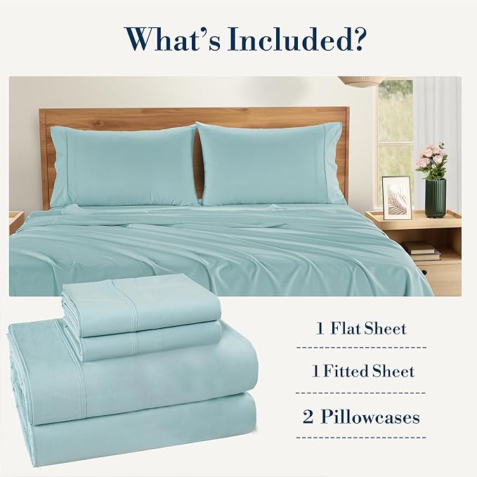 Casa Platino Twin Sheets Sets – 100% Cotton Twin Sheets Cooling with 2 Pillowcases, 15" Deep Pocket Fitted Sheet, Crisp & Smooth Feel, Ultra Soft & Cozy, Fit – Blue Sky