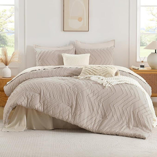 Andency Linen Comforter Set Full Size, Boho Soft Warm Tufted Bedding Comforter Sets for Full Size Bed, 3 Pieces Aesthetic Chevron Farmhouse Cute Bohemian Textured Bed Set